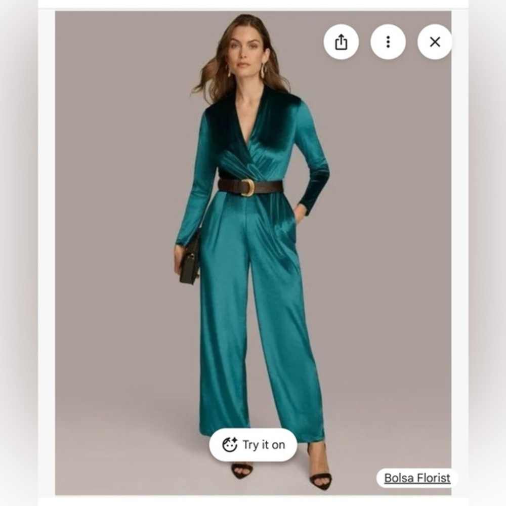 Donna Karan Teal Velvet Belted Jumpsuit